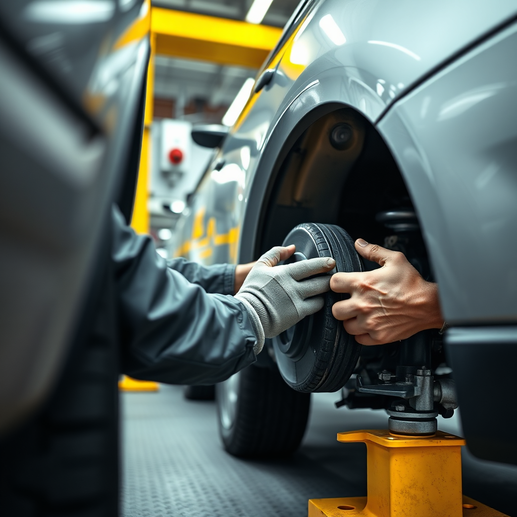 Create a photorealistic image of a taxi undergoing a thorough safety inspection. A mechanic is carefully checking the tires and brakes, with safety equipment visible in the background. The lighting is bright and professional, emphasizing the attention to detail. The camera angle is close-up, focusing on the mechanic's hands and the vehicle's components. The color palette is dominated by grays, blacks, and yellows, representing the mechanical nature of the scene. Texture details should include the worn tires and the clean surfaces of the tools. Style reference: industrial photography.