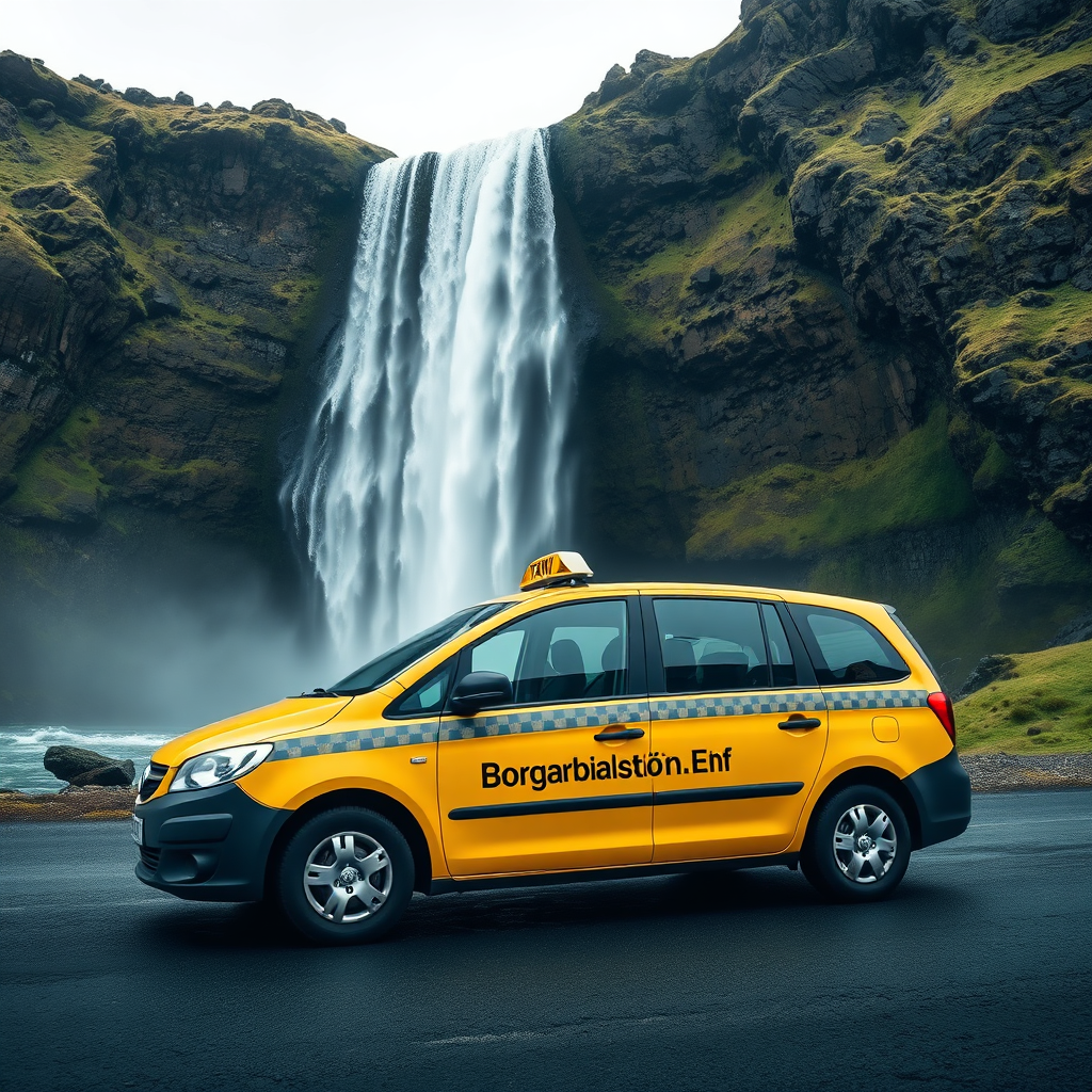 Create a photorealistic image of a Borgarbílastöðin.Ehf taxi parked in front of a scenic Icelandic waterfall. The waterfall is cascading down a rocky cliff, creating a breathtaking view. The lighting is natural and diffused, highlighting the beauty of the landscape. The camera angle is wide-angle, capturing the vastness of the environment. The color palette is dominated by greens, blues, and grays, representing the natural tones of Iceland. Texture details should include the rushing water and the rocky terrain. Style reference: landscape photography.