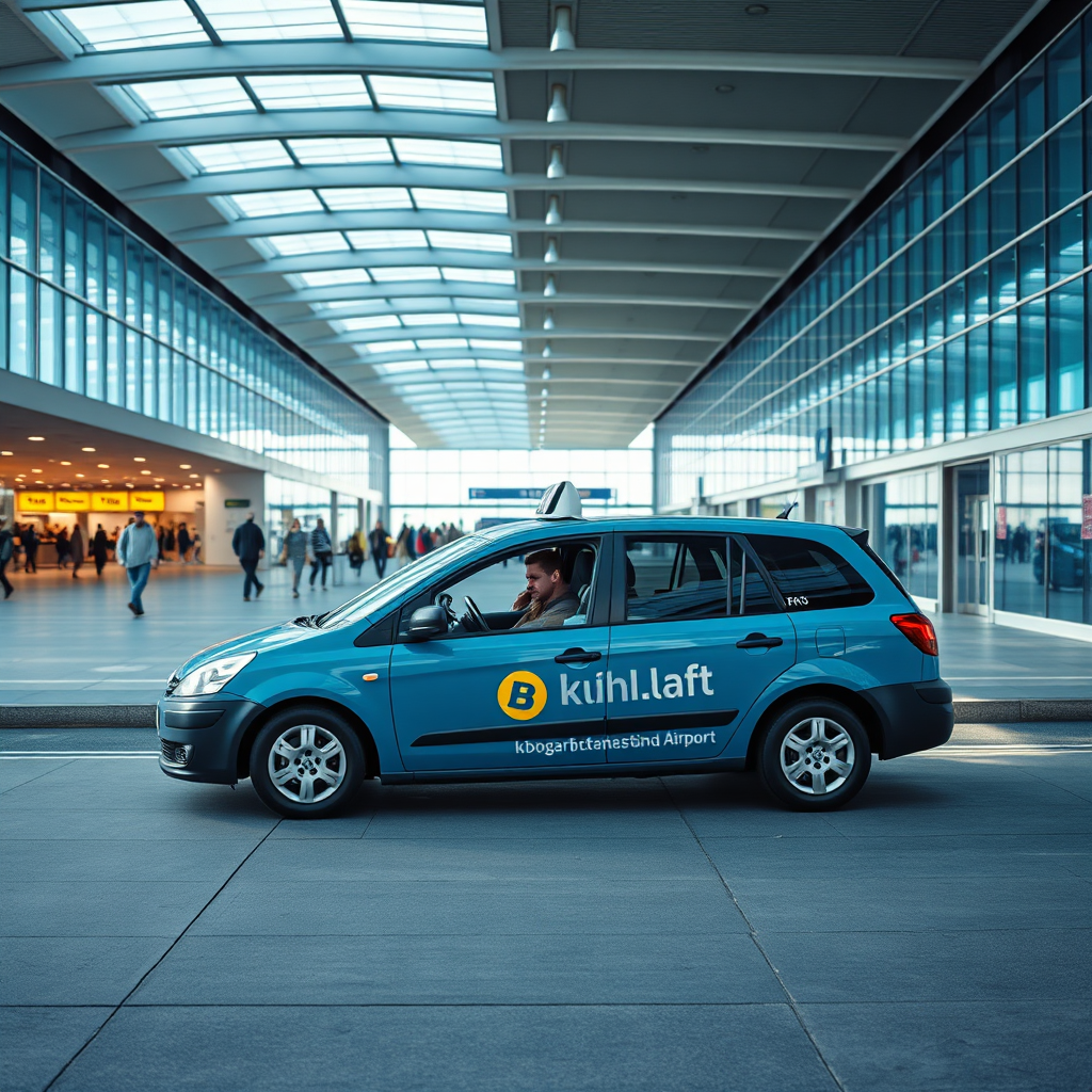 Create a photorealistic image of a Borgarbílastöðin.Ehf taxi dropping off passengers at Keflavik International Airport. The airport terminal is visible in the background. The lighting is bright and airy, suggesting a busy airport environment. The camera angle is slightly elevated, capturing the scene from a distance. The color palette is dominated by blues and grays, representing the modern architecture of the airport. Texture details should include the glass windows and the concrete pavement. Style reference: architectural and travel photography.