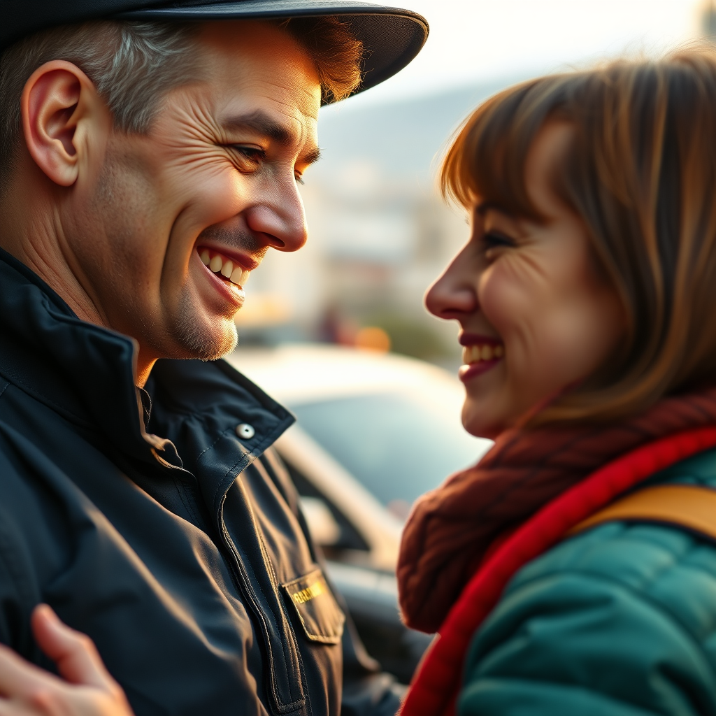 Create a photorealistic image of a Borgarbílastöðin.Ehf taxi driver smiling and greeting a tourist. The driver is wearing a professional uniform and has a friendly demeanor. The background is a blurred cityscape, suggesting the driver's knowledge of the area. The lighting is warm and inviting, creating a sense of trust. The camera angle is close-up, focusing on the driver's face. The color palette is a mix of warm tones, representing the human connection. Texture details should include the driver's uniform and the tourist's clothing. Style reference: portrait photography.