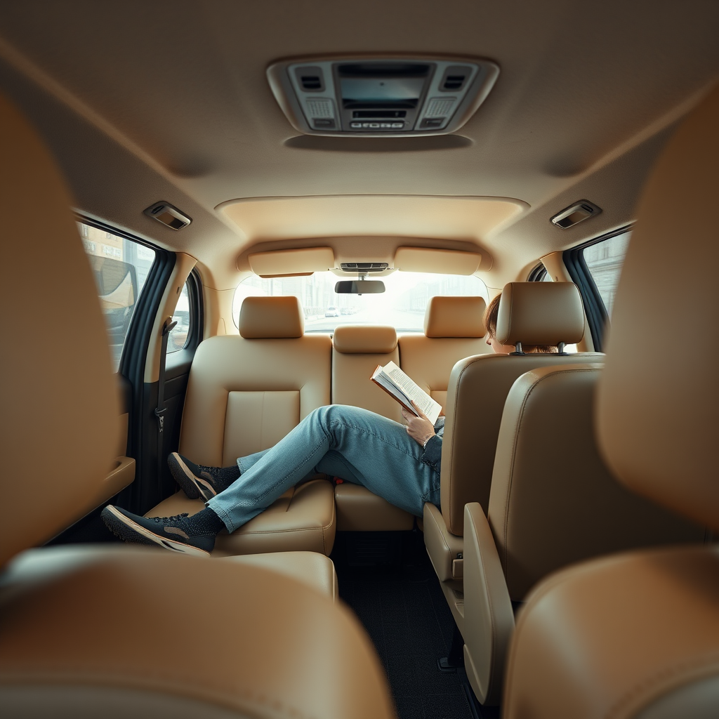 Create a photorealistic image of the interior of a Borgarbílastöðin.Ehf taxi. The seats are clean and comfortable, with ample legroom. A passenger is relaxing in the back, reading a book. The lighting is soft and ambient, creating a relaxed atmosphere. The camera angle is from the passenger's perspective, showcasing the spaciousness of the interior. The color palette is warm and inviting, with beige and gray tones dominating. Texture details should include the leather seats and the soft lighting. Style reference: interior photography.