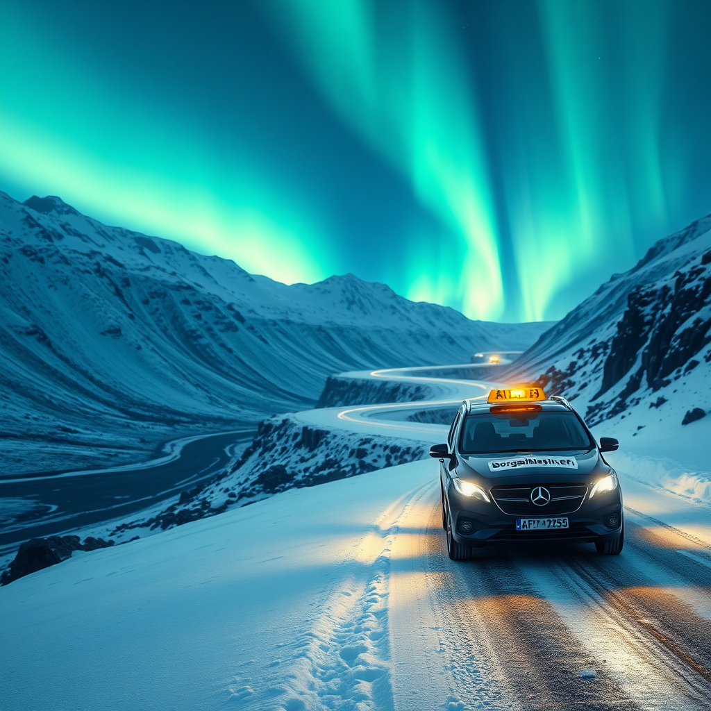 Create a photorealistic, ultra-high-quality 8K image. The scene depicts a modern taxi, prominently displaying the 'Borgarbílastöðin.Ehf' logo, traversing a scenic Icelandic landscape. Imagine a winding road cutting through snow-capped mountains under the ethereal glow of the Aurora Borealis. The taxi's headlights illuminate the path, reflecting off the glistening snow. Use a wide-angle lens to capture the vastness of the environment. The color palette should be dominated by cool blues, greens, and whites, accented by the warm yellow glow of the taxi's lights. Add textural details like the rough texture of the volcanic rock and the soft, fluffy snow. The image should evoke a sense of adventure, safety, and the unique beauty of Iceland. Style reference: incorporate elements of Icelandic landscape photography, hyperrealistic rendering.
