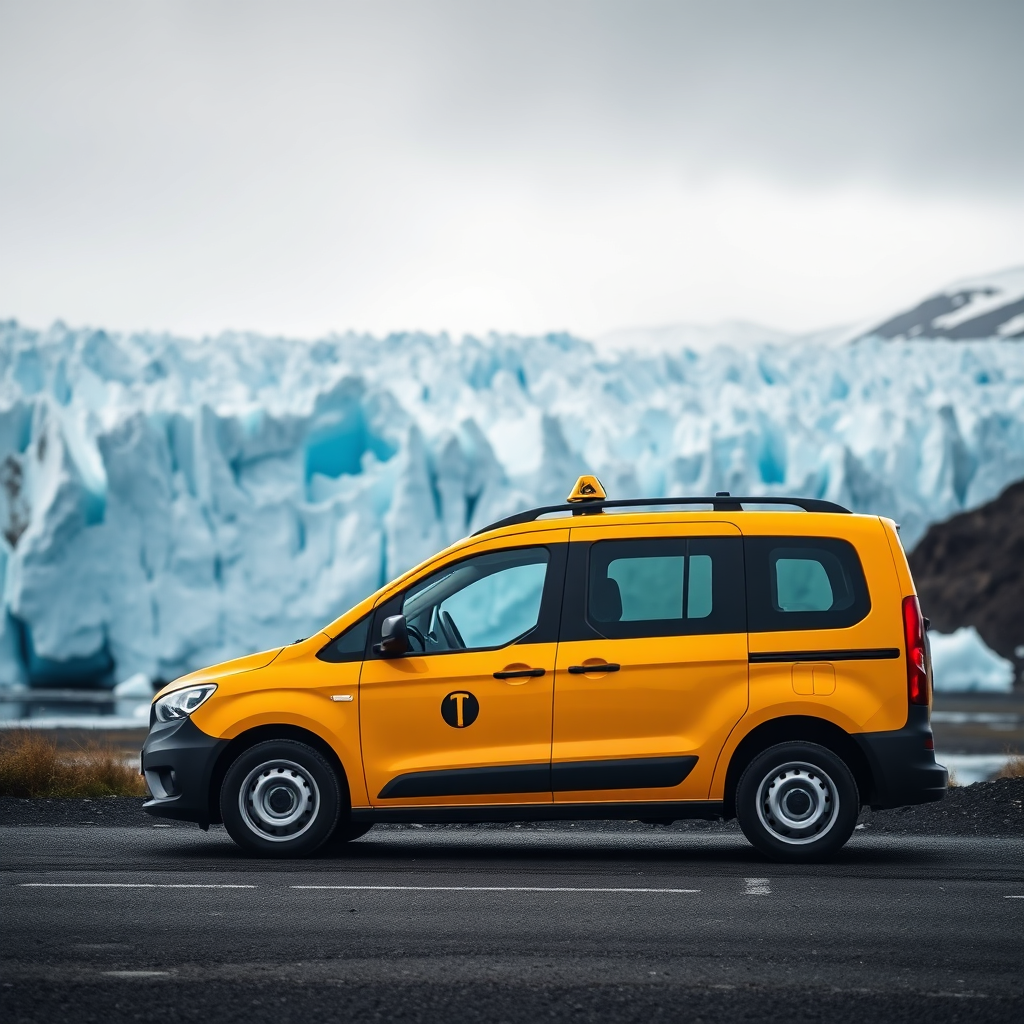Create a scenic image of a Borgarbílastöðin.Ehf taxi parked near a majestic Icelandic glacier. The glacier should dominate the background, with its icy blue hues contrasting against the vehicle's color. The lighting should be soft and diffused to capture the natural beauty of the landscape. Use a telephoto lens to emphasize the vastness of the glacier and the remoteness of the location. The overall tone should evoke adventure and exploration.